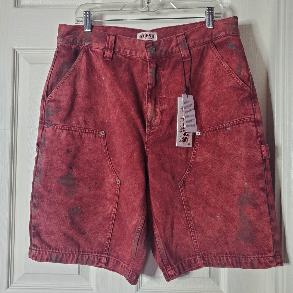 Guess Original Carpenter Bermuda Shorts Washed Red Paint Splatters Men's Size 32